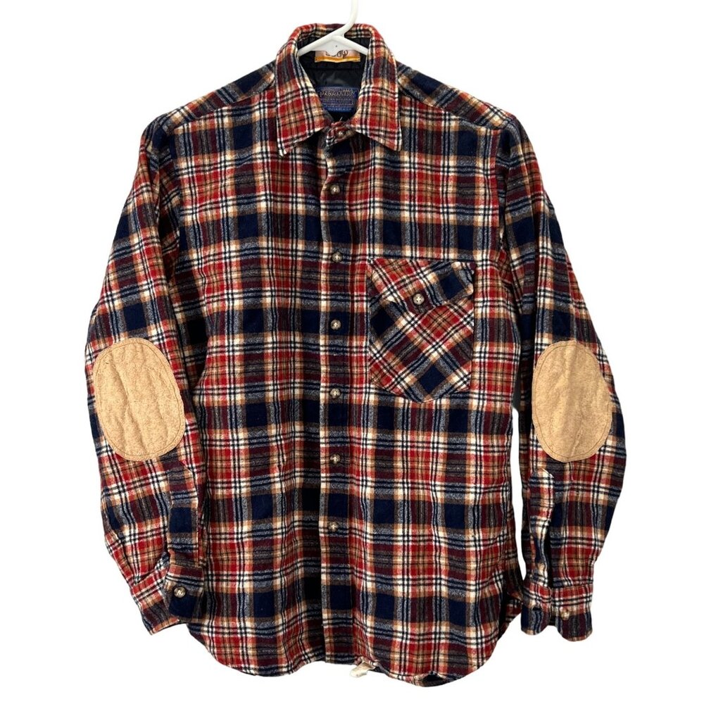 Vintage Pendleton Lobo Wool Shirt M Men Button Up Red Blue Plaid Elbow Patch